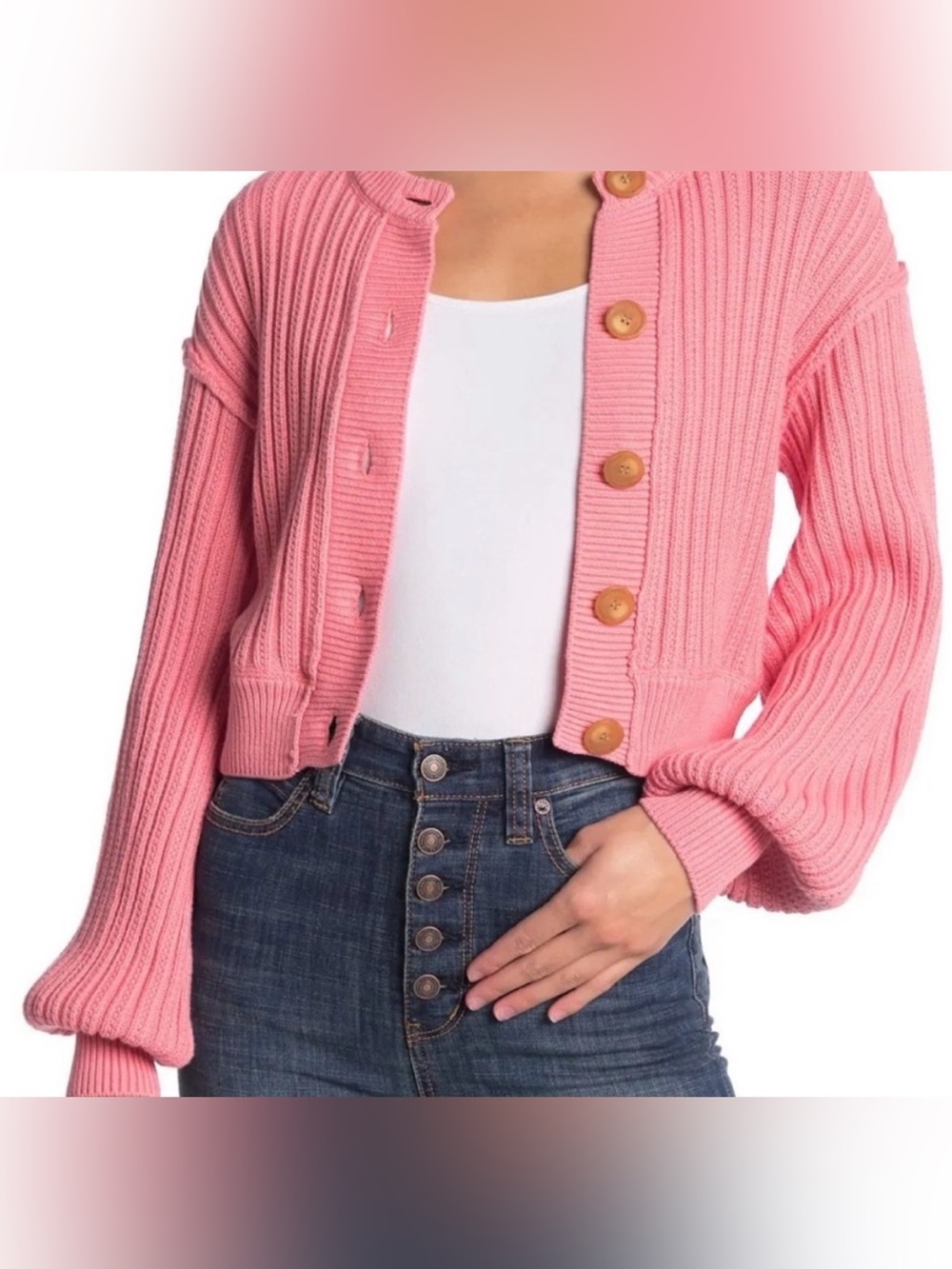 Free People Pink Cropped Button-Front Cardigan, Size XS